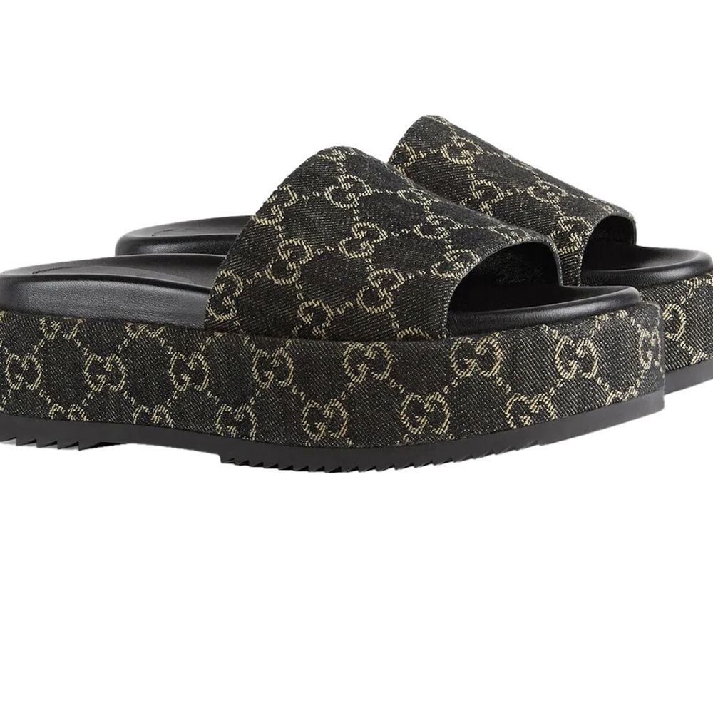 Gucci Angelina Platform 55 mm Sandal Black Jacquard Denim